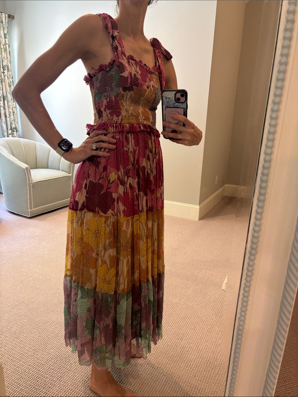 Let Me Be smocked top sleeveless, midi, multicolor dress, XS